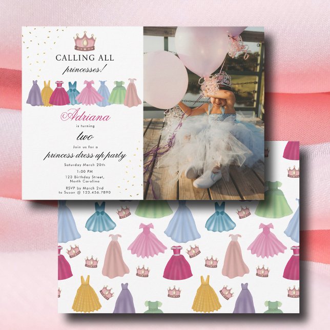 Convites Princesa Vestida Fairytala Vestir Foto Aniversário (Princess Dresses Fairytale Dress Up Photo Birthday Invitation)