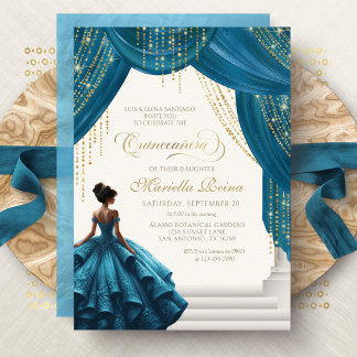 Convites Princesa Vestido Teal Elegante Quinceanera