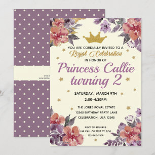 Convites Princesa Watercolor Floral e Dourada Glitter Elega