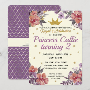 Convites Princesa Watercolor Floral e Dourada Glitter Elega