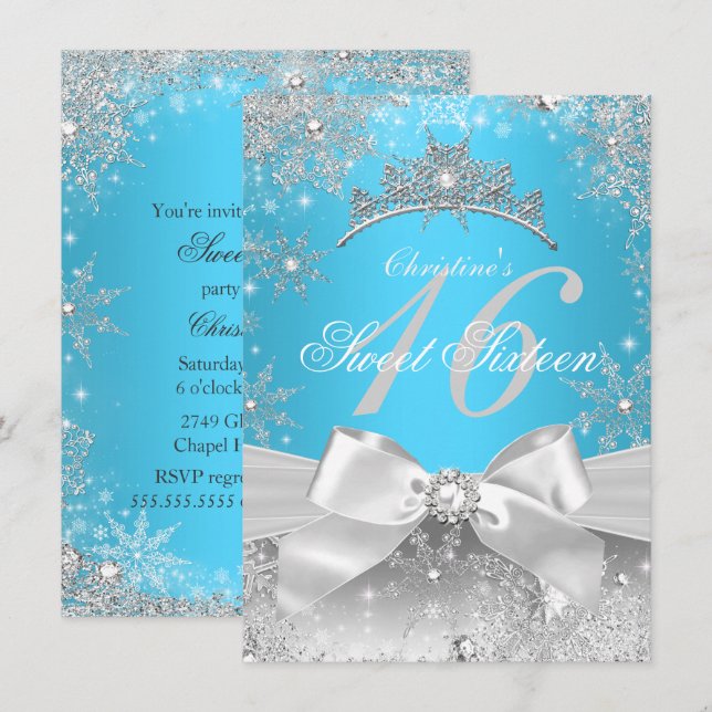 Convites Princesa Winter Wonderland Azul Sweet 16 (Frente/Verso)