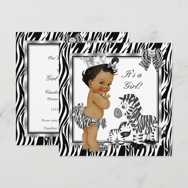 Convites Princesa Zebra Menina Chuvada de Bebê Étnica (Frente/Verso)