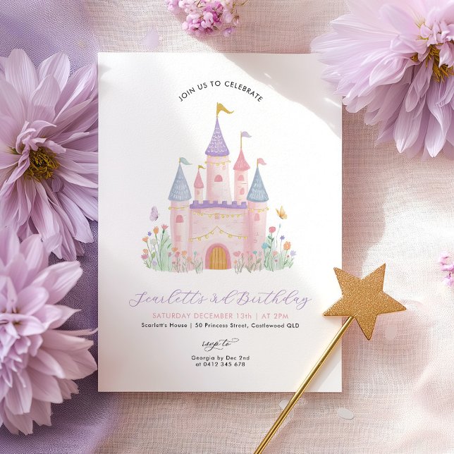 Convites Princess Birthday Elegant Castle Enchanted Girls (Princess Castle Girls Birthday Invitation | Pastel Enchanted Castle )