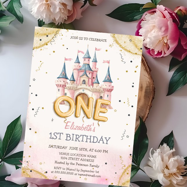 Convites Princess Castle Confetti Watercolor 1st Birthday (Criador carregado)