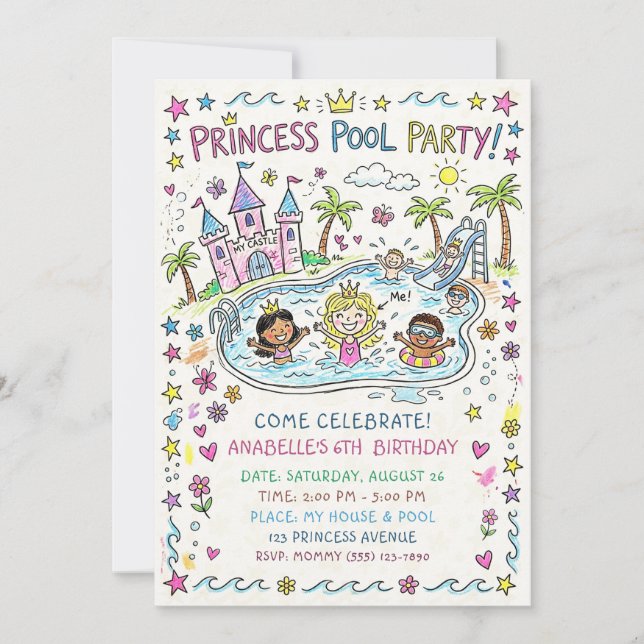 Convites Princess Pool Party Invitation (Frente)