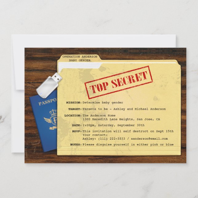 Convites Principal Agente Secreto Missão de Sexo do Bebê Pa (Frente)