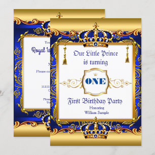 Convites Príncipe 1º Aniversário Azul Ornado Dourado