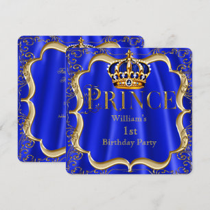 Convites Príncipe 1º Aniversário Menino Coroa Azul Dourada 