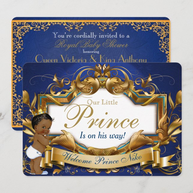 Convites Príncipe Africano Real Fancy Azul Royal e Dourado (Frente/Verso)