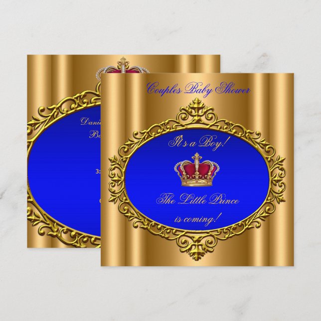 Convites Príncipe Azul Real Coroa de Bebê Menino Shower Dou (Frente/Verso)