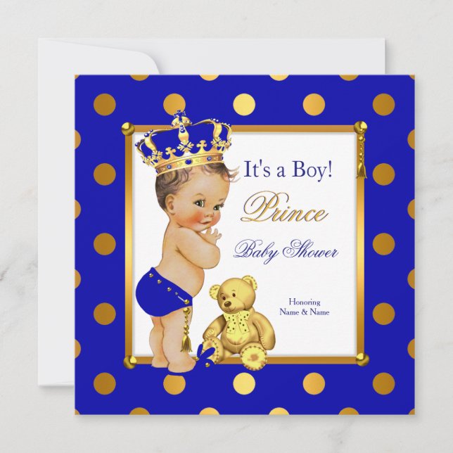 Convites Príncipe Chá de fraldas Real Azul Dourado Brunet (Frente)