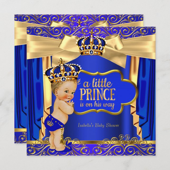 Convites Príncipe Chá de fraldas Royal Blue Dourado Draps B (Frente/Verso)