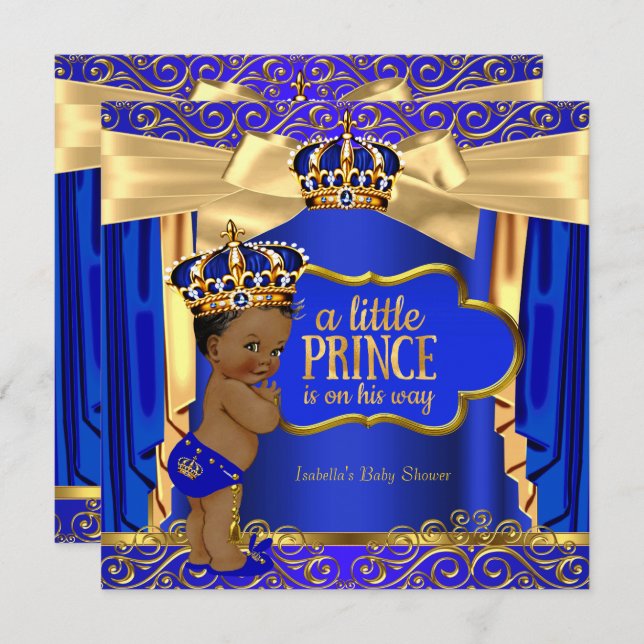 Convites Príncipe Chá de fraldas Royal Blue Dourado Draps É (Frente/Verso)