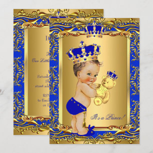 Convites Príncipe Coroa Azul Real Bebê Chuveiro Urso Morena