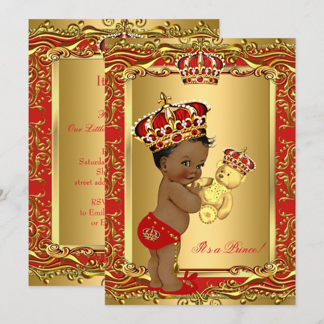 Convites Príncipe Coroa Bebê Royal Vermelho Churrasco Urso  (Frente/Verso)