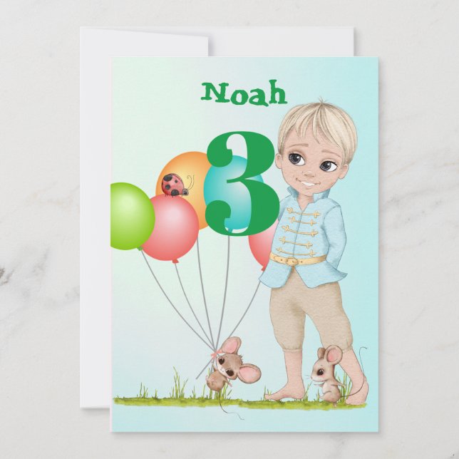 Convites Príncipe Cute Azul, Rato Verde, Aniversário (Verso)