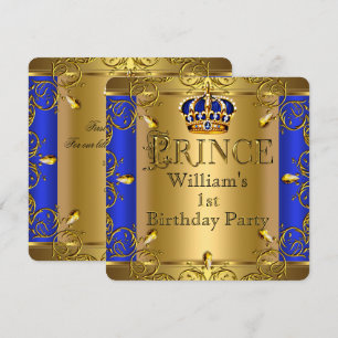 Convites Príncipe Menino de 1º Aniversário Coroa Azul Ouro 