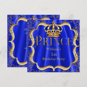Convites Príncipe Menino de 1º Aniversário Coroa Azul Ouro