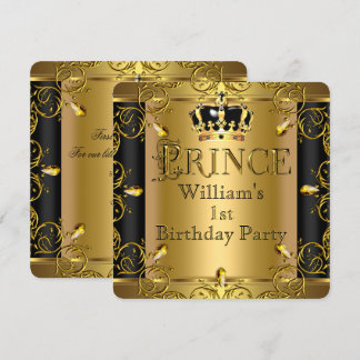 Convites Príncipe Menino de 1º Aniversário preto Coroa Dour