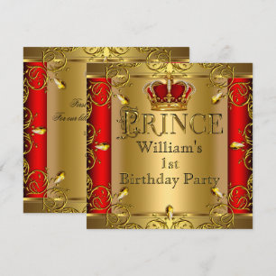 Convites Príncipe Menino de 1º Aniversário Vermelho Coroa D
