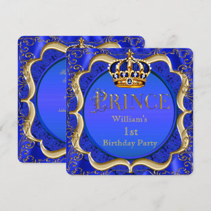 Convites Príncipe Menino de 1 Ano de Idade Coroa Azul Ouro 