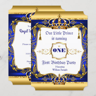 Convites Príncipe Real Aniversário de 1 Ano Coroa Azul Orna