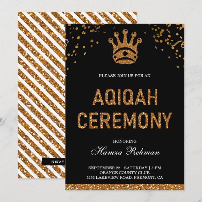 Convites Príncipe Real Coroa de Ouro Aqiqah (Frente/Verso)