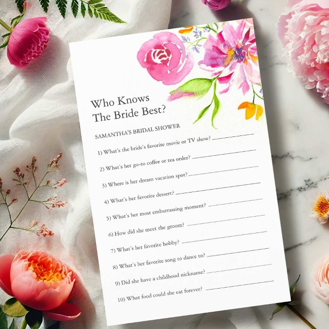 Convites Printable Floral Bridal Shower Questions Game (Printable bridal shower games with a Love is in Bloom theme by Do tell A Belle)