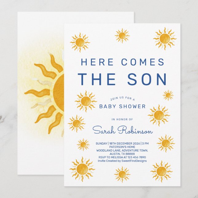 Convites Printable Here Comes The Son Baby Shower (Frente/Verso)