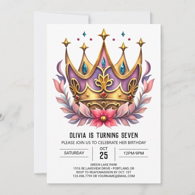 Convites Printable Princess Crown Birthday (Frente)