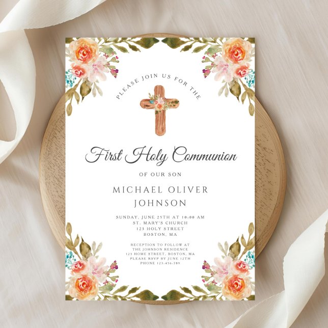 Convites Prioridade Comunitária da Cruz Religiosa Floral El (Elegant Floral Religious Cross First Communion Invitation)