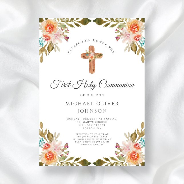 Convites Prioridade Comunitária da Cruz Religiosa Floral El (Elegant Floral Religious Cross First Communion Invitation)