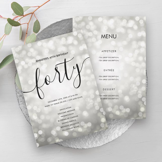 Convites Programa aniversário de 40 anos das Luzes de Prata (Silver Lights 40th Birthday Menu Program)