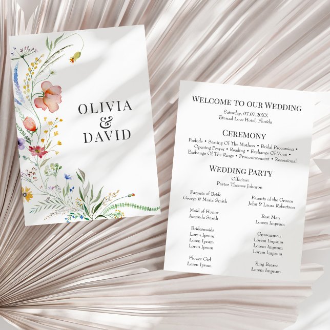 Convites Programa Boho Wildflower Meadow Wedding (Boho Wildflower Meadow Wedding Program on a sunny dry white palm leaf.)