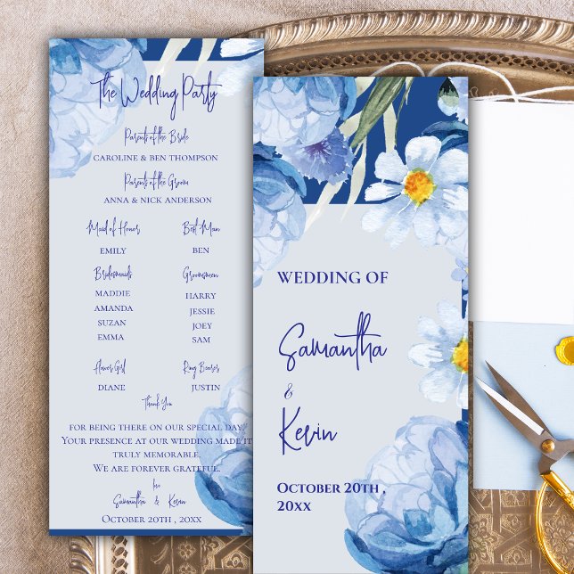 Convites Programa bonito de Casamento Floral Azul de Aquare (Pretty Watercolor Blue Floral Wedding Program)