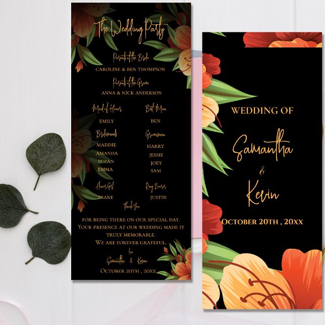 Convites Programa bonito de Casamento Floral Laranja Laranj (Pretty Dark Moody Orange Floral Wedding Program)