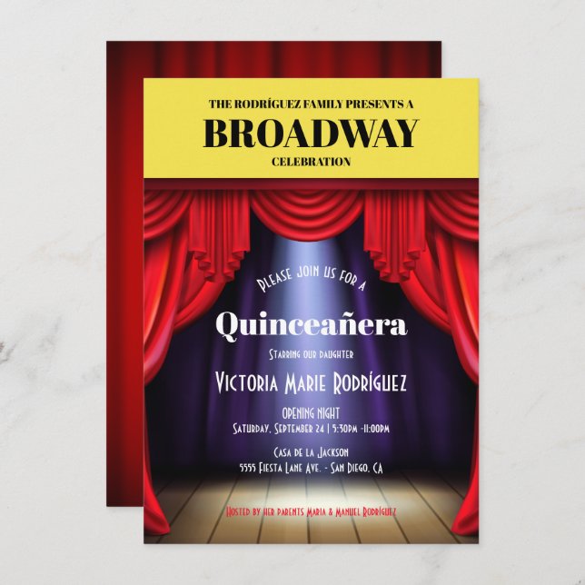 Convites Programa Broadway Birthday Quinceañera (Frente/Verso)