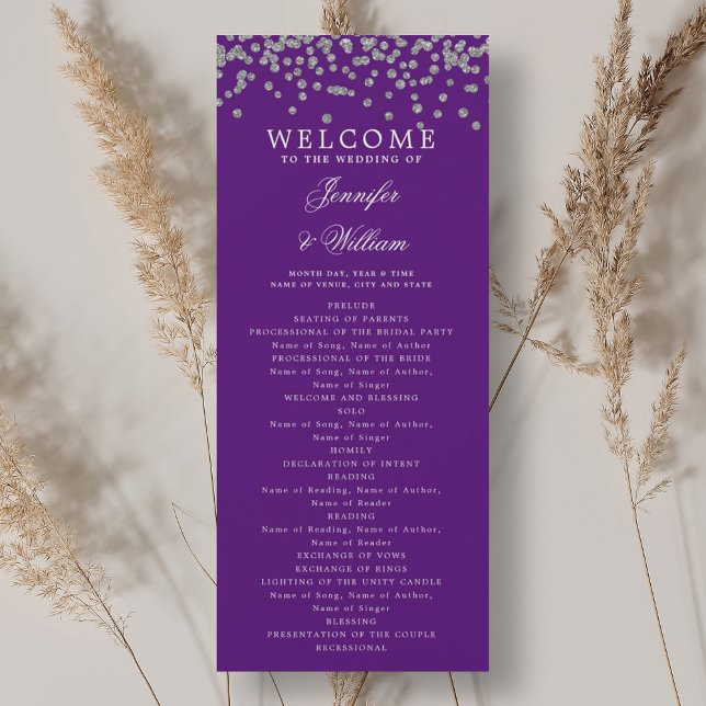 Convites Programa Casamento Clássico Confetti Prata Roxo (Classic Wedding Program Confetti Silver Purple )
