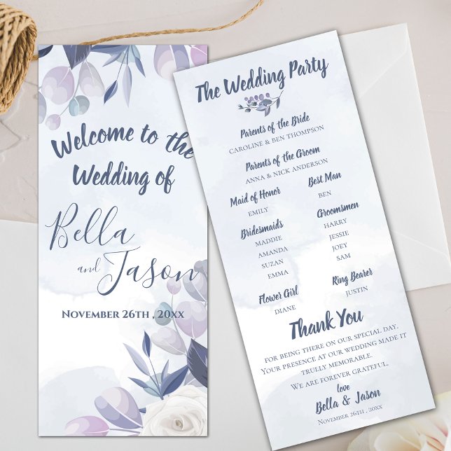 Convites Programa Casamento Cobra Aquarela Dusty Blue Flora (Wedding Program Cute Watercolor Dusty Blue Floral)