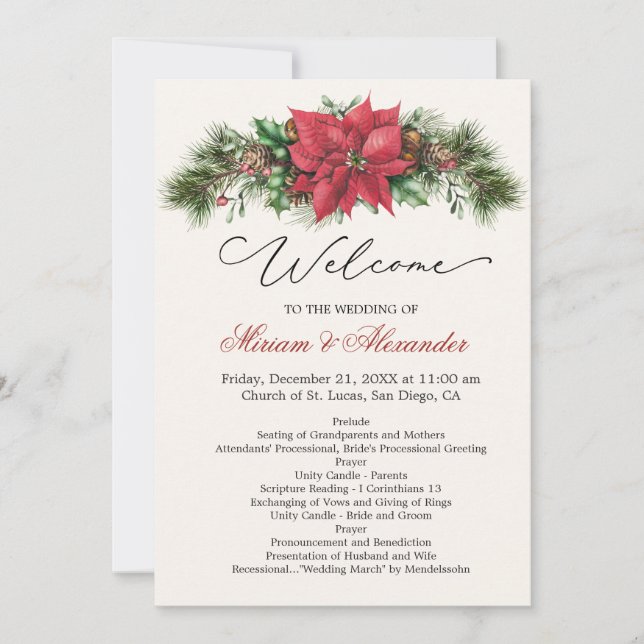 Convites Programa Casamento de Poinsettia Pine Cones Holly (Frente)