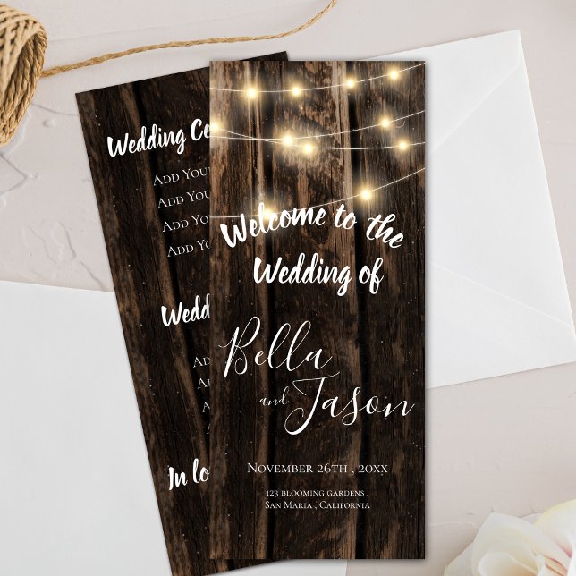 Convites Programa Casamento | Madeira Rústica Com Luzes De  (Wedding Program | Rustic Wood With String Lights)