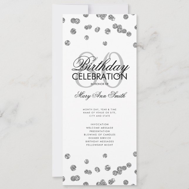 Convites Programa da Festa de 80 Anos de Idade Brilho Prata (Frente)