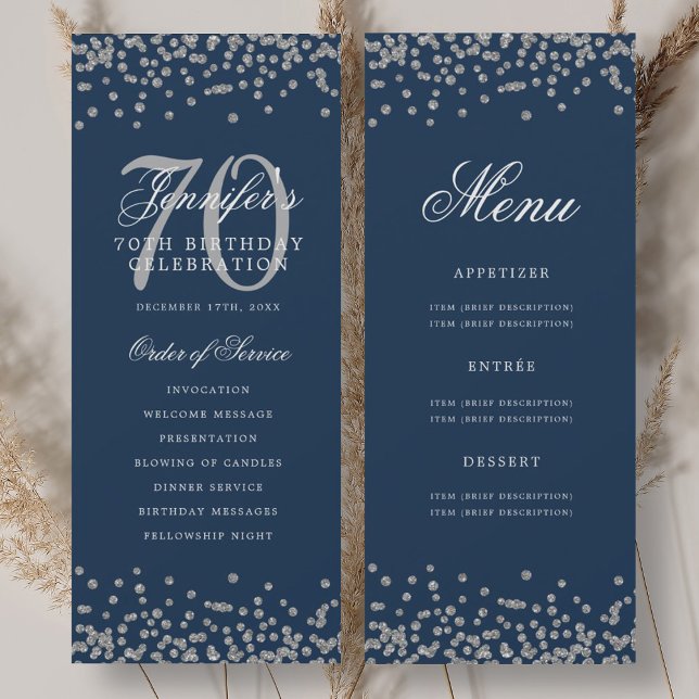 Convites Programa de 70º Aniversário Elegante Cardápio Prat (Elegant 70th Birthday Program Silver Menu Navy )