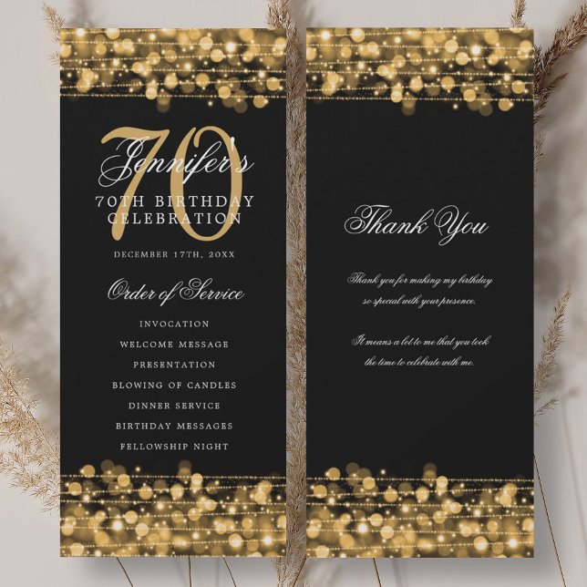 Convites Programa de 70º Aniversário Elegante Dourado c/ Ag (Elegant 70th Birthday Program Gold w/ Thank You)