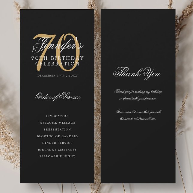 Convites Programa de 70º Aniversário Elegante Dourado e Pre (Elegant 70th Birthday Program Gold Black Thank You)