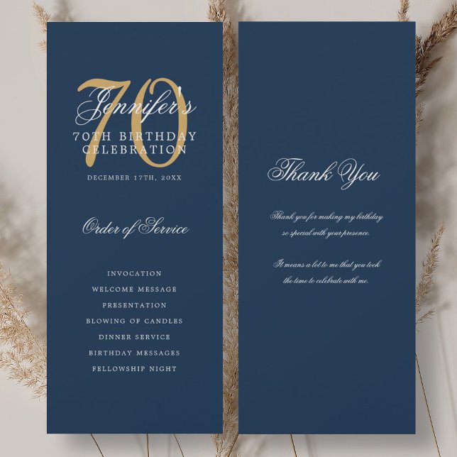 Convites Programa de 70º Aniversário Elegante Dourado Marin (Elegant 70th Birthday Program Gold Navy Thank You)