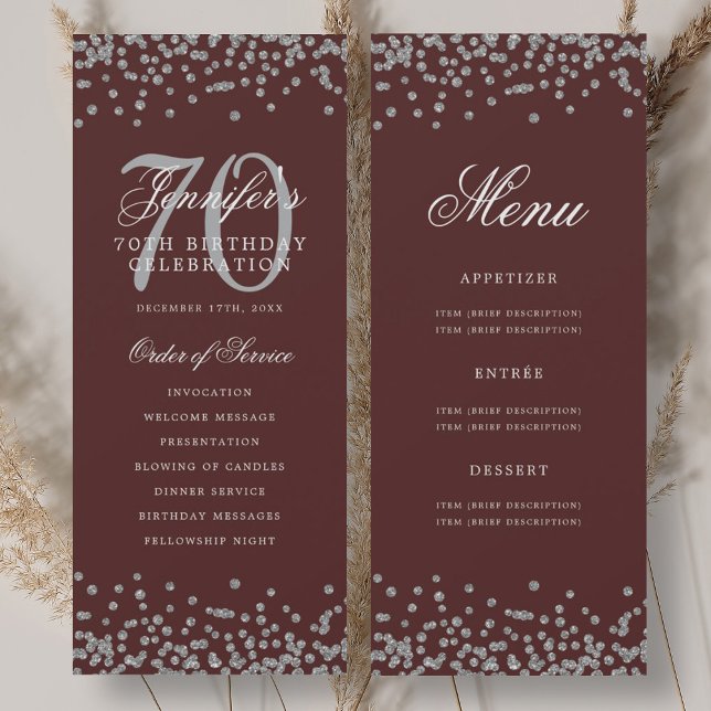 Convites Programa de 70º Aniversário Elegante Menu Prata Bo (Elegant 70th Birthday Program Silver Menu Burgundy)