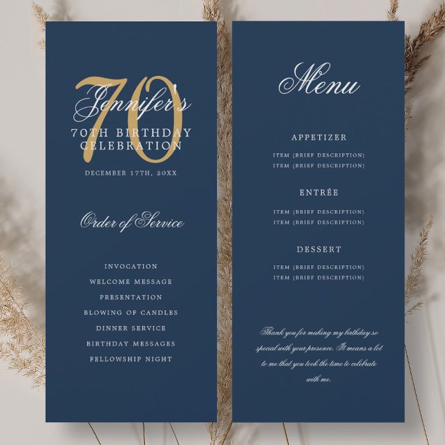 Convites Programa de 70 anos elegante dourado e azul marinh (Elegant 70th Program Gold Navy Blue Menu+Thank You)