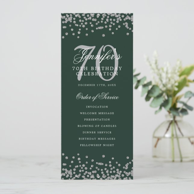 Convites Programa de Aniversário 70 Silver Confetti Green (Em pé/Frente)