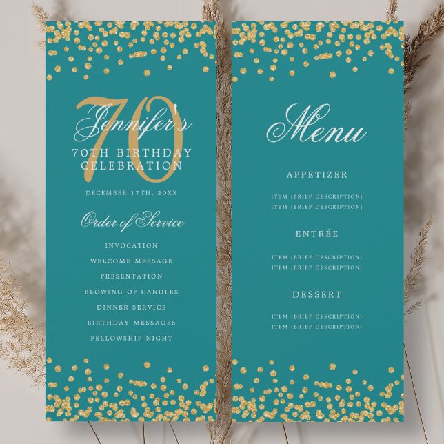Convites Programa de Aniversário de 70 anos Confetes Dourad (70th Birthday Program Gold Turquoise Confetti Menu)